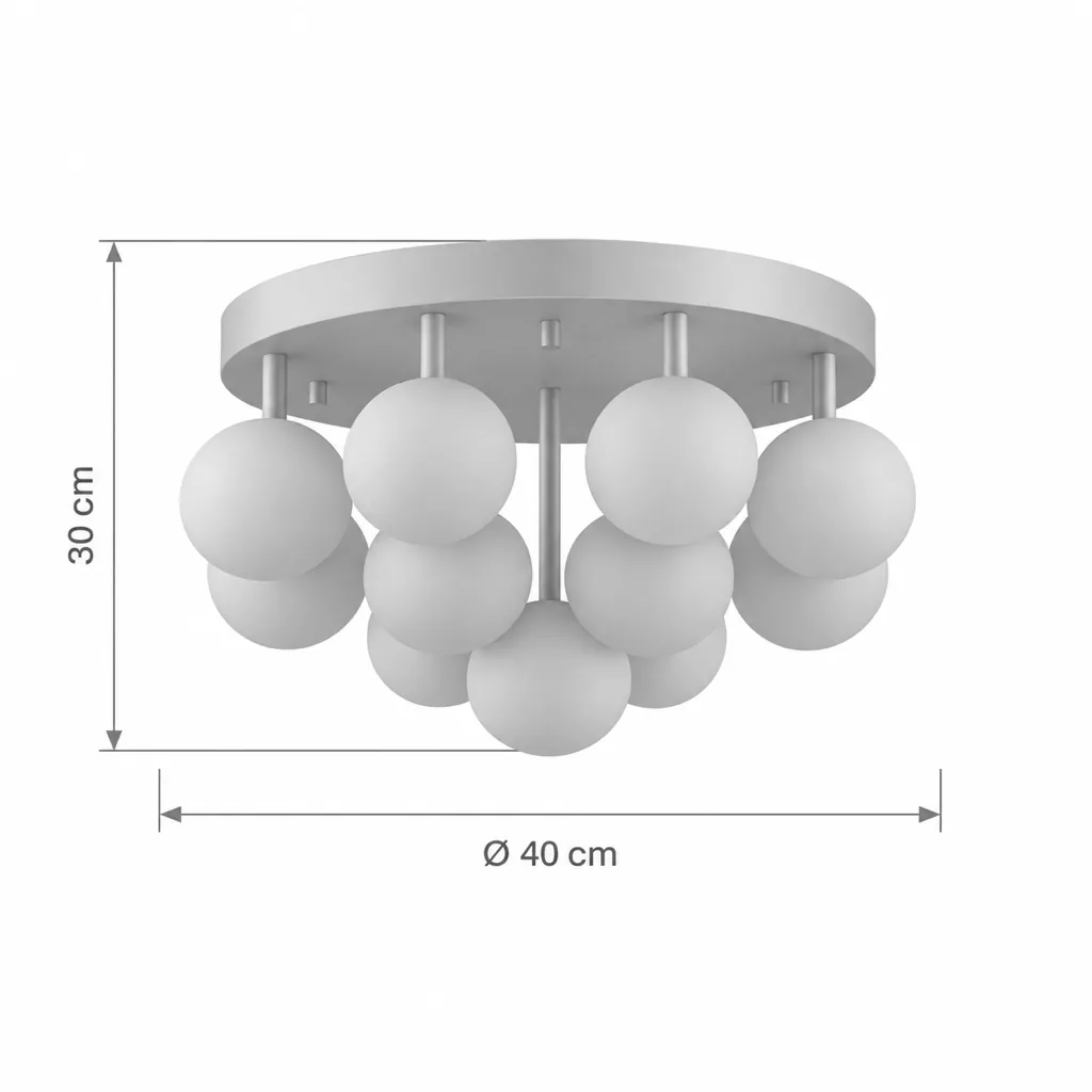 Deckenlampe DERPI, Traube aus Alabasterkugeln auf Messing – Masszeichnung Ø 40 cm, Höhe 30 cm