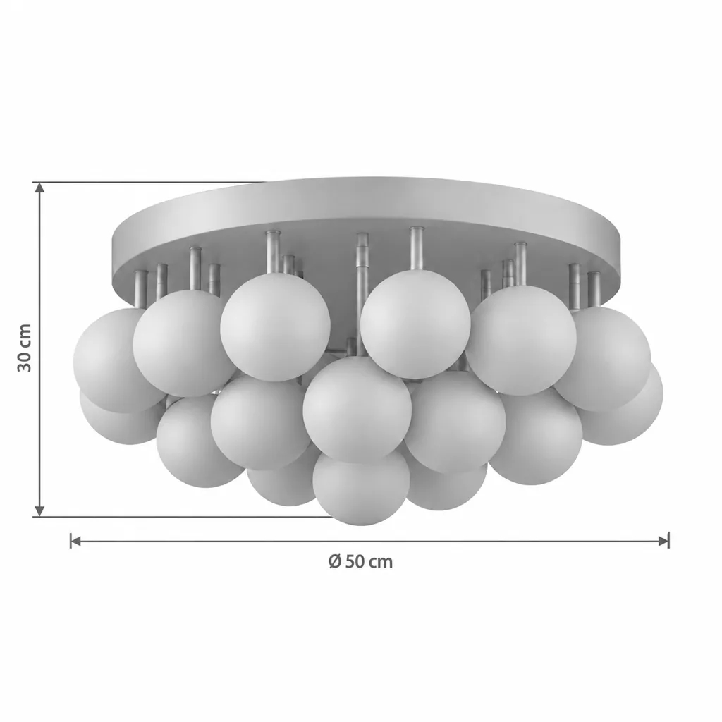 Deckenlampe DERPI, Traube aus Alabasterkugeln auf Messing – Masszeichnung Ø 50 cm, Höhe 30 cm