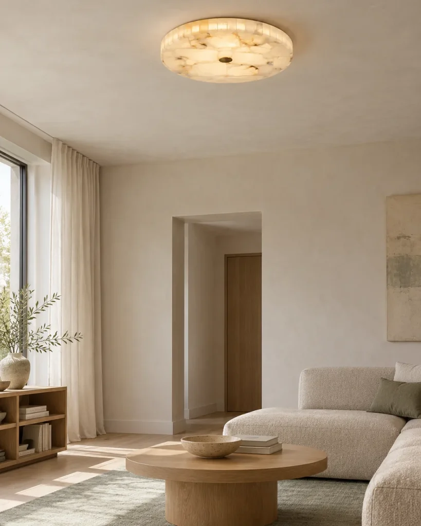Deckenlampe BATRAZ, Flache Mosaikscheibe aus Alabaster – im Wohnzimmer über einem runden Couchtisch, Tageslicht