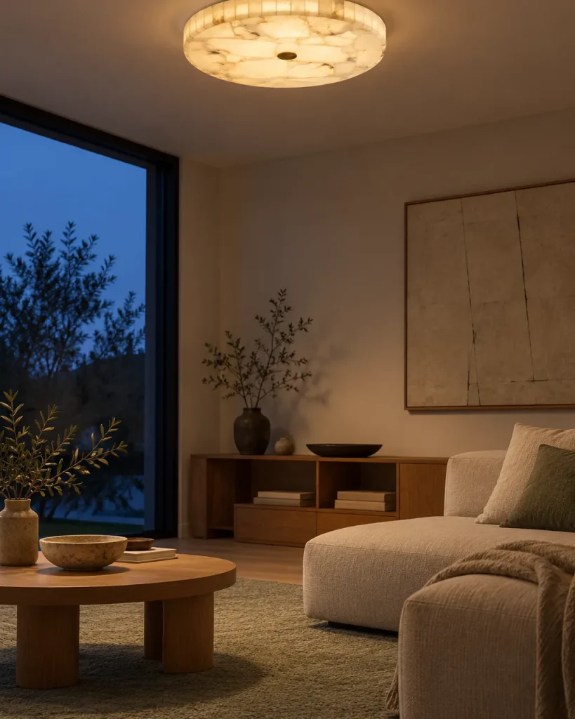 Deckenlampe BATRAZ, Flache Mosaikscheibe aus Alabaster – im Wohnzimmer über einem runden Couchtisch, Abendlicht