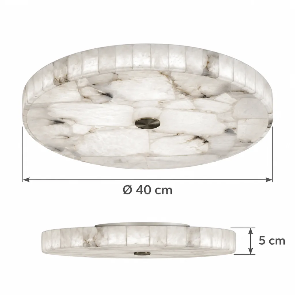 Deckenlampe BATRAZ, Flache Mosaikscheibe aus Alabaster – Masszeichnung Ø 40 cm, Höhe 5 cm