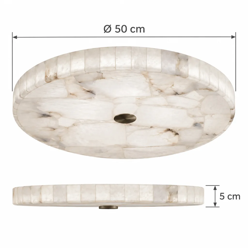 Deckenlampe BATRAZ, Flache Mosaikscheibe aus Alabaster – Masszeichnung Ø 50 cm, Höhe 5 cm