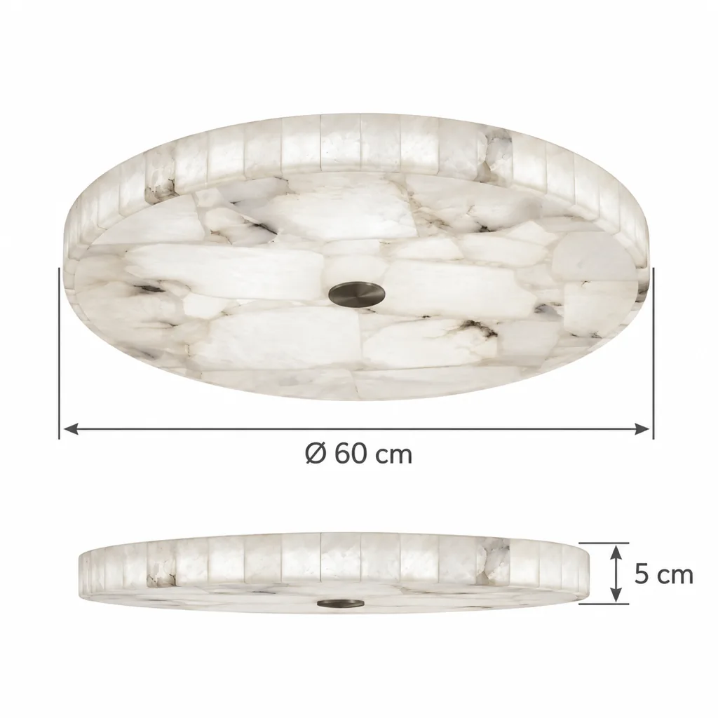 Deckenlampe BATRAZ, Flache Mosaikscheibe aus Alabaster – Masszeichnung Ø 60 cm, Höhe 5 cm