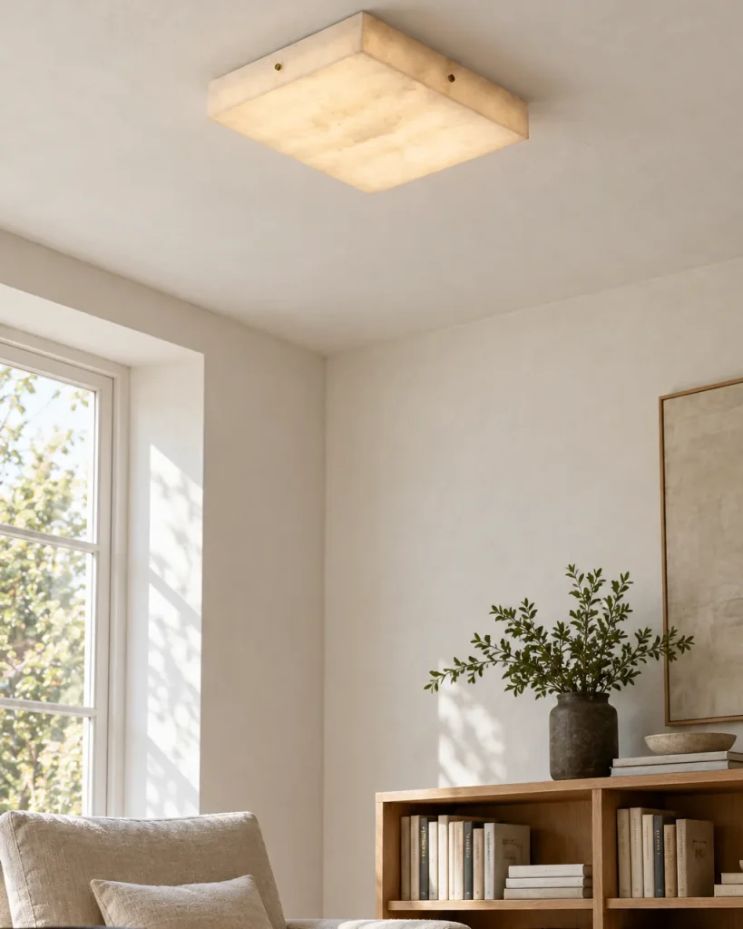 Deckenlampe TSARUK, quadratischer Alabasterblock mit LED – im Wohnzimmer mit Leseecke, Tageslicht