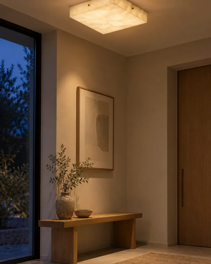 Deckenlampe TSARUK, quadratischer Alabasterblock mit LED – im Eingangsbereich über einer Holzbank, Abendlicht