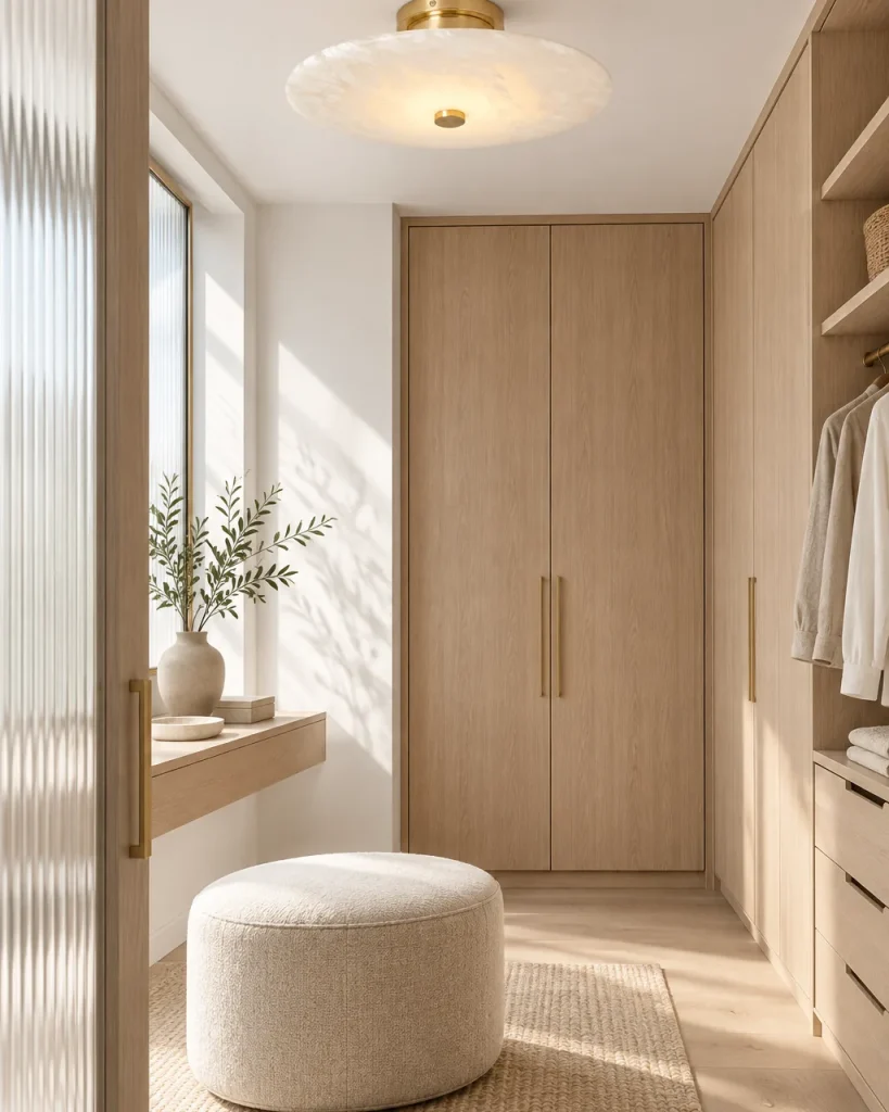 Deckenlampe CIBI, Alabasterschale Ø 20 cm, Messing oder Schwarz – im Ankleidezimmer mit Holzschränken, Tageslicht
