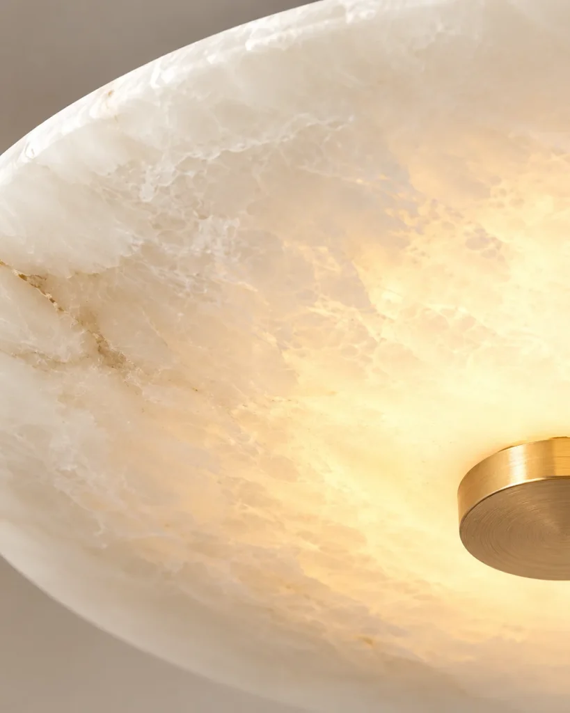 Deckenlampe CIBI, Alabasterschale Ø 20 cm, Messing oder Schwarz – Detailansicht der Alabastermaserung und des Messingknopfs