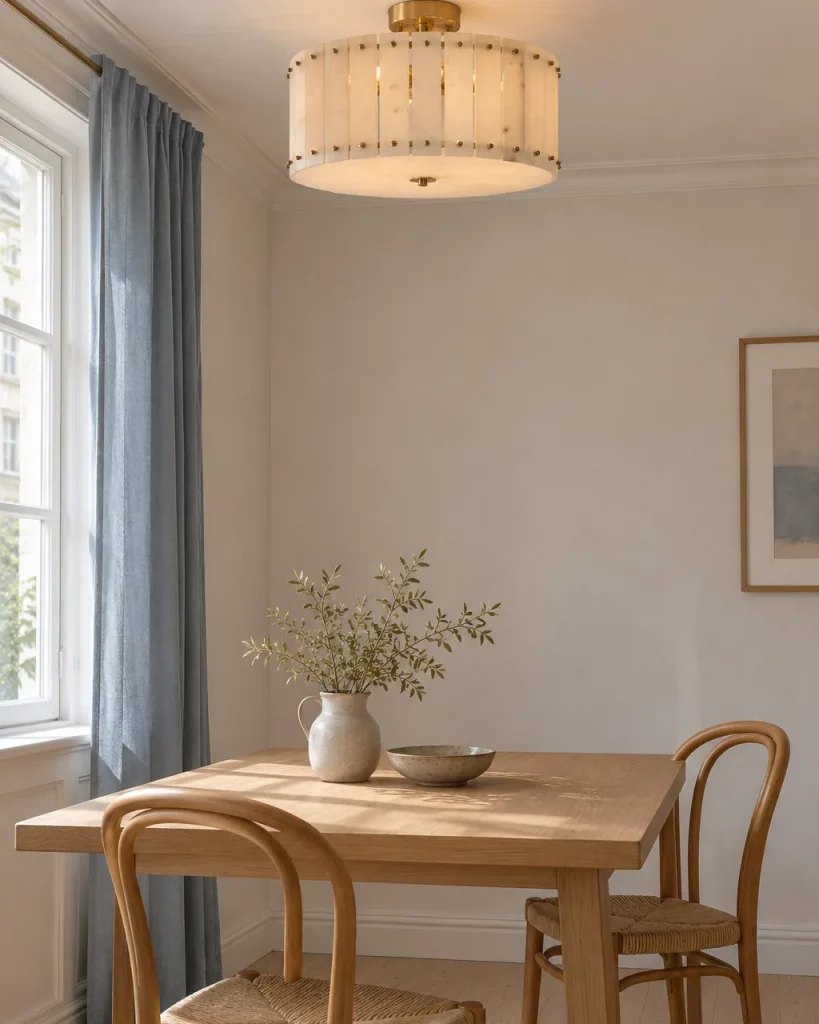 Deckenlampe DESA, Alabastertrommel mit Messingnieten – über einem Esstisch aus Holz, Tageslicht
