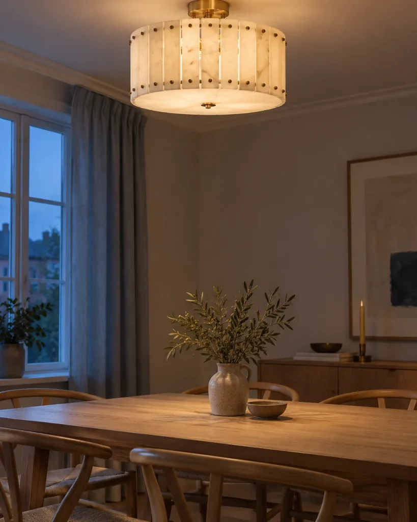 Deckenlampe DESA, Alabastertrommel mit Messingnieten – über einem Esstisch aus Holz, Abendlicht