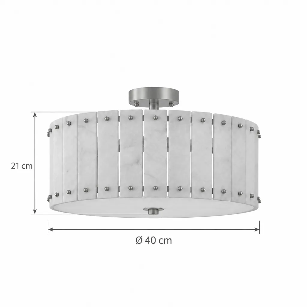 Deckenlampe DESA, Alabastertrommel mit Messingnieten – Masszeichnung Ø 40 cm, Höhe Leuchtenkörper 21 cm