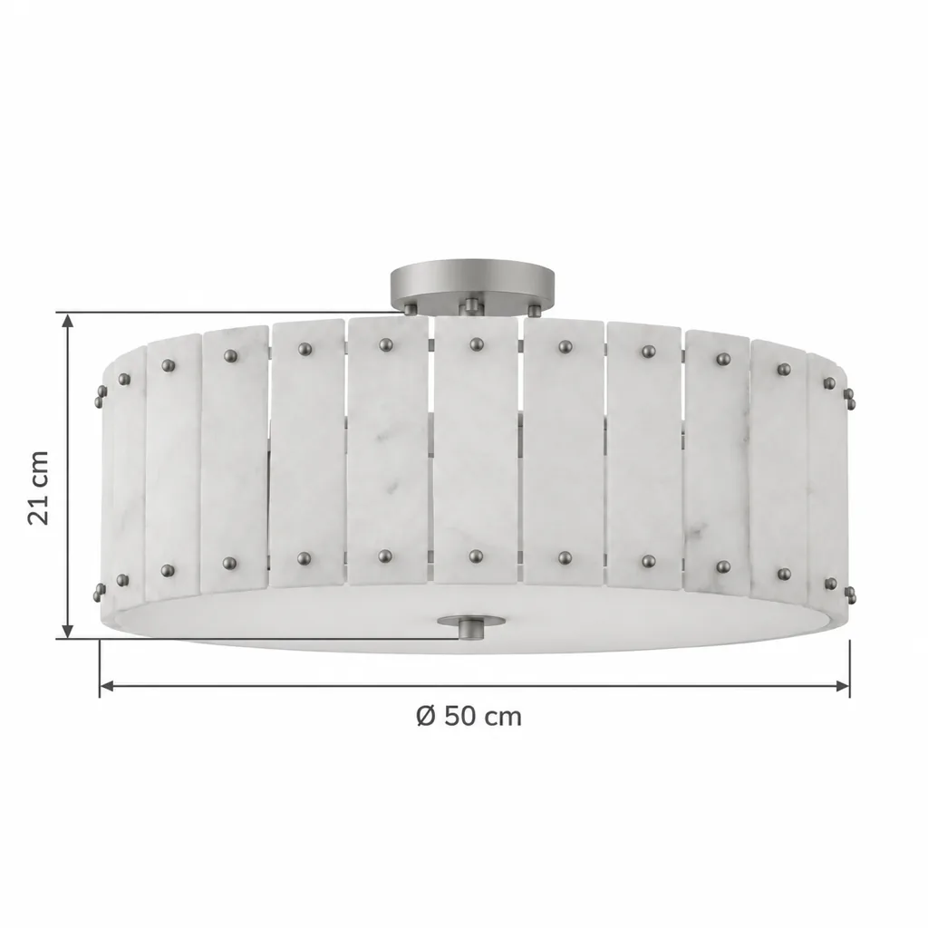 Deckenlampe DESA, Alabastertrommel mit Messingnieten – Masszeichnung Ø 50 cm, Höhe Leuchtenkörper 21 cm