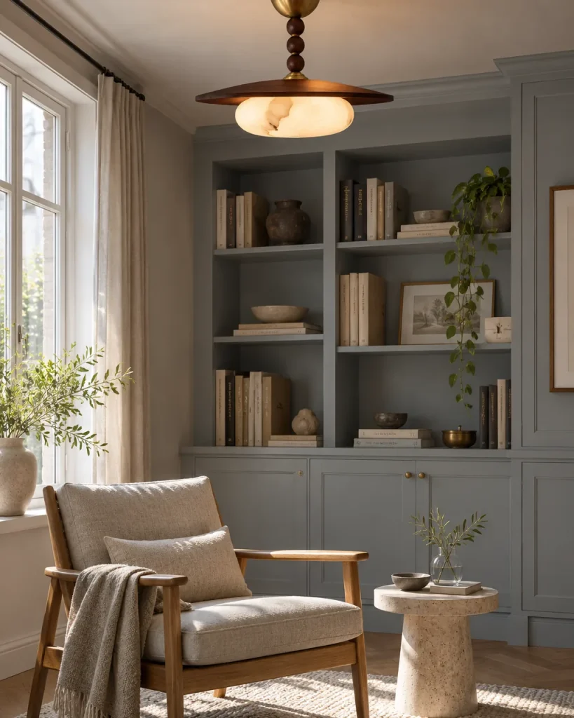 Deckenlampe MILATRE, Holzscheibe mit Perlenstab und Diffusor in Alabaster-Optik – im Wohnzimmer vor einem Bücherregal, Tageslicht