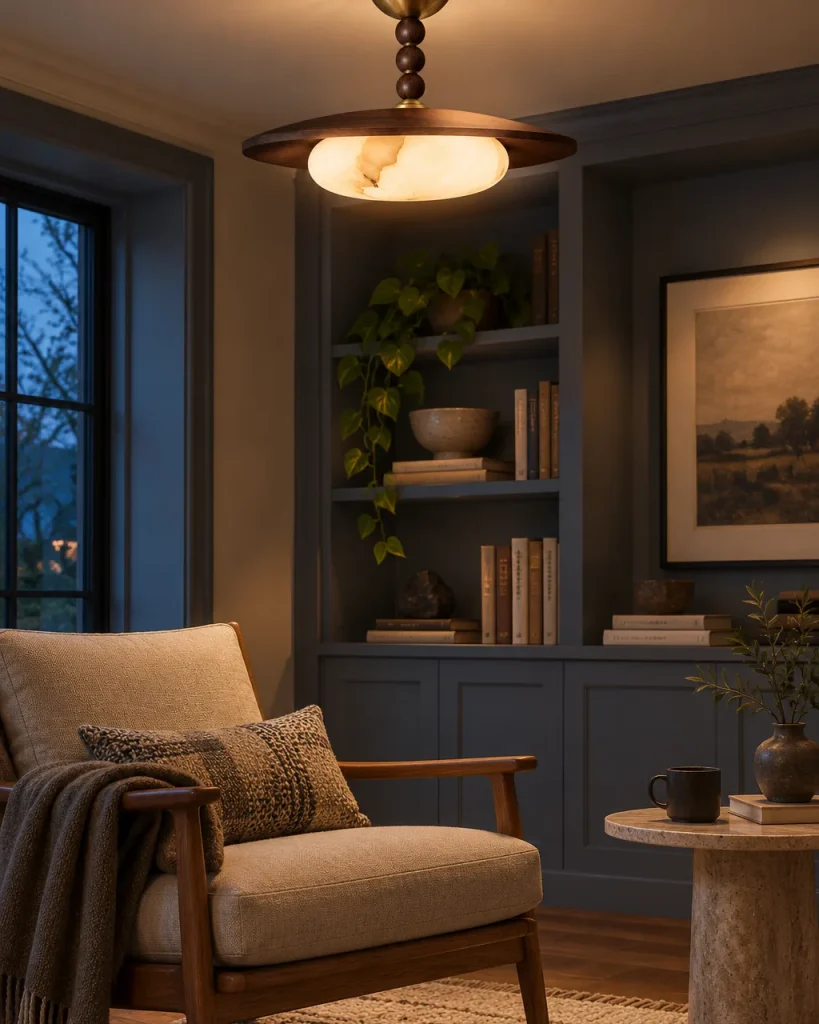 Deckenlampe MILATRE, Holzscheibe mit Perlenstab und Diffusor in Alabaster-Optik – im Wohnzimmer über einem Lesesessel, Abendlicht