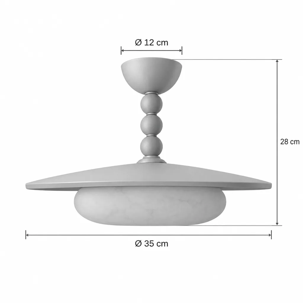 Deckenlampe MILATRE, Holzscheibe mit Perlenstab und Diffusor in Alabaster-Optik – Masszeichnung Scheibe Ø 35 cm, Höhe 28 cm, Rosette Ø 12 cm