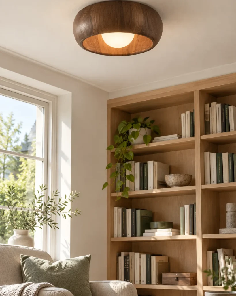 Deckenlampe POVA, runder LED-Ring in Holzoptik mit satiniertem Glas – in einer Leseecke vor dem Bücherregal, Tageslicht