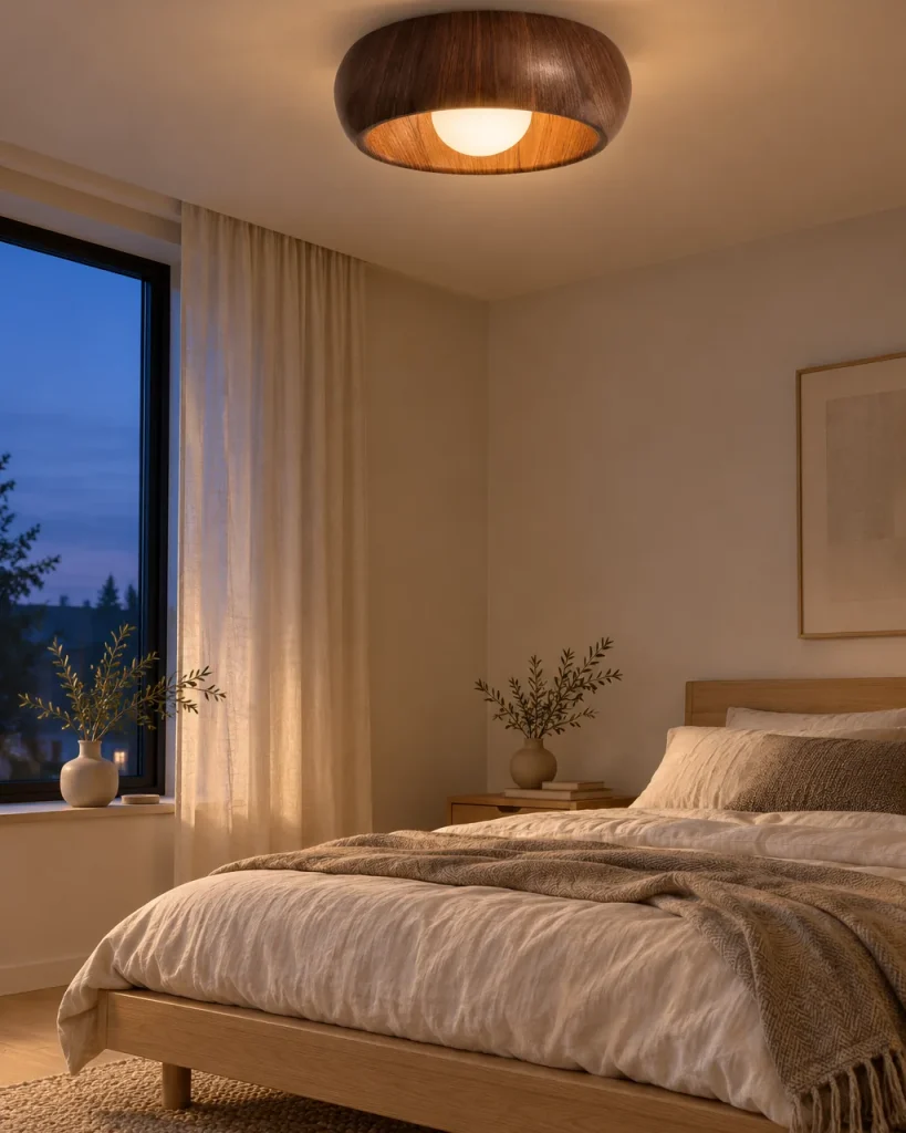 Deckenlampe POVA, runder LED-Ring in Holzoptik mit satiniertem Glas – im Schlafzimmer, Abendlicht