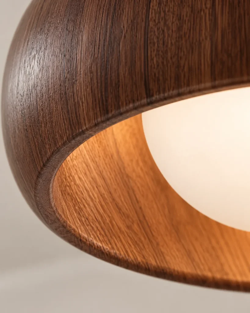Deckenlampe POVA, runder LED-Ring in Holzoptik mit satiniertem Glas – Detailansicht des gerundeten Rands und des satinierten Glases