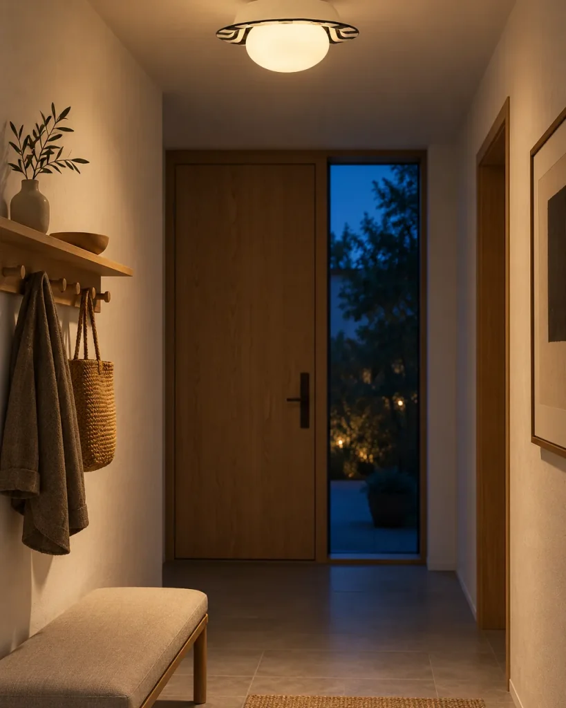 Deckenlampe RITO, gewellte Keramikkrempe mit Opalglaskugel – im Eingangsbereich mit Bank und Garderobe, Abendlicht