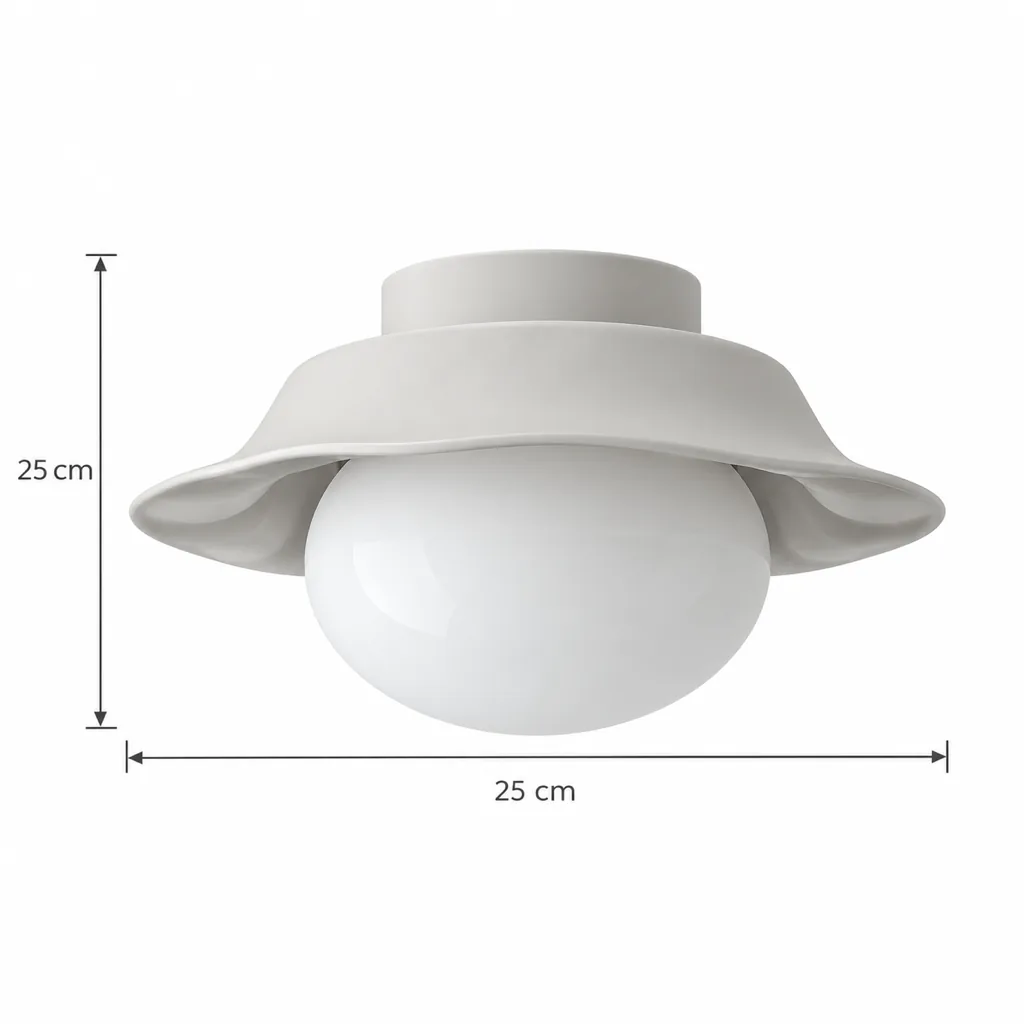 Deckenlampe RITO, gewellte Keramikkrempe mit Opalglaskugel – Masszeichnung Ø 25 cm, Höhe 25 cm