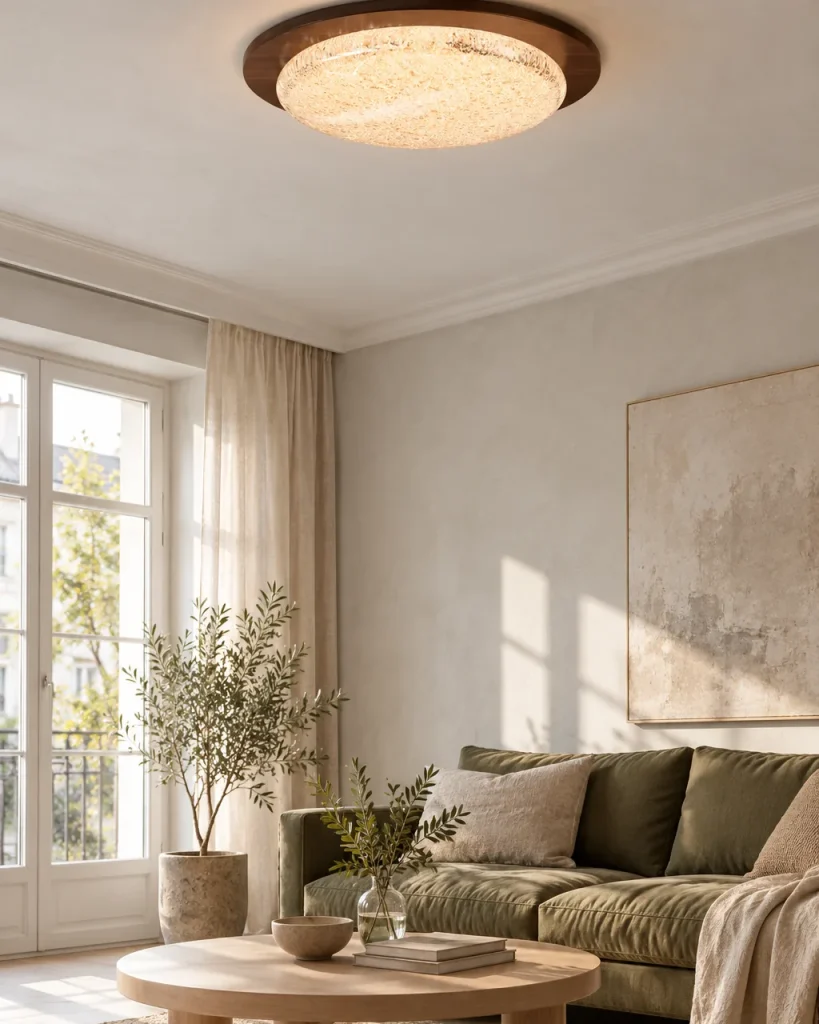 Deckenlampe NAIA, LED-Kuppel in Eis-Optik mit breitem Metallring – im Wohnzimmer, Tageslicht