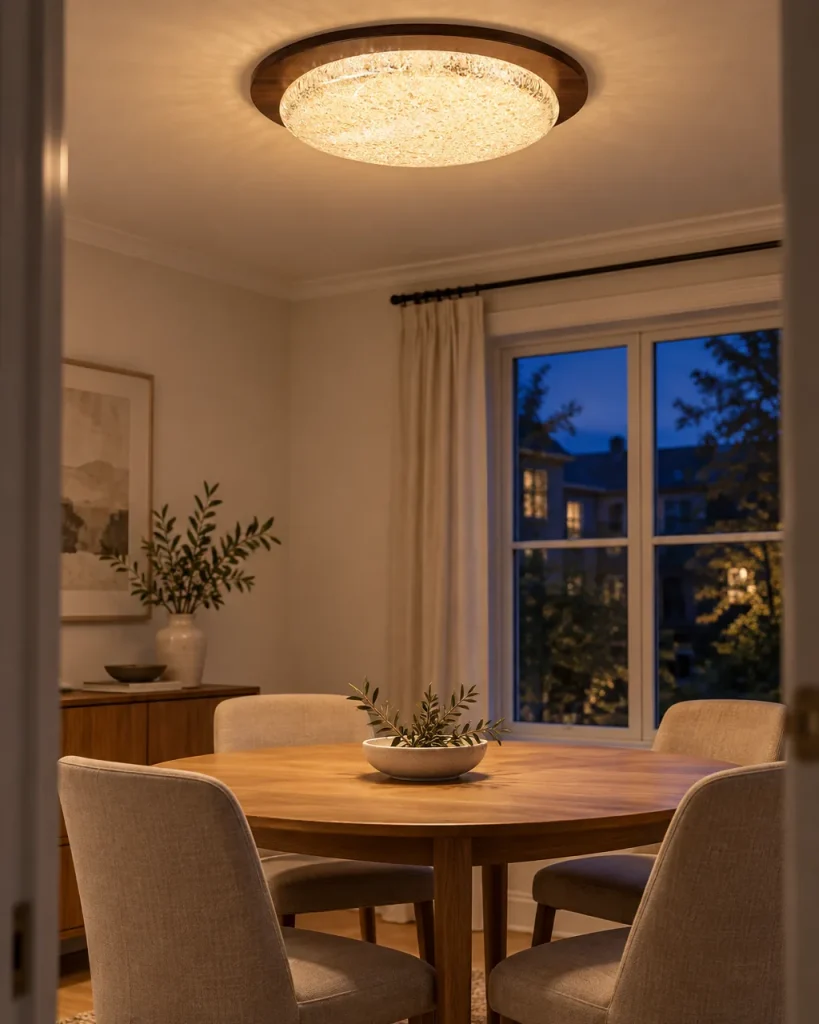 Deckenlampe NAIA, LED-Kuppel in Eis-Optik mit breitem Metallring – über dem Esstisch, Abendlicht
