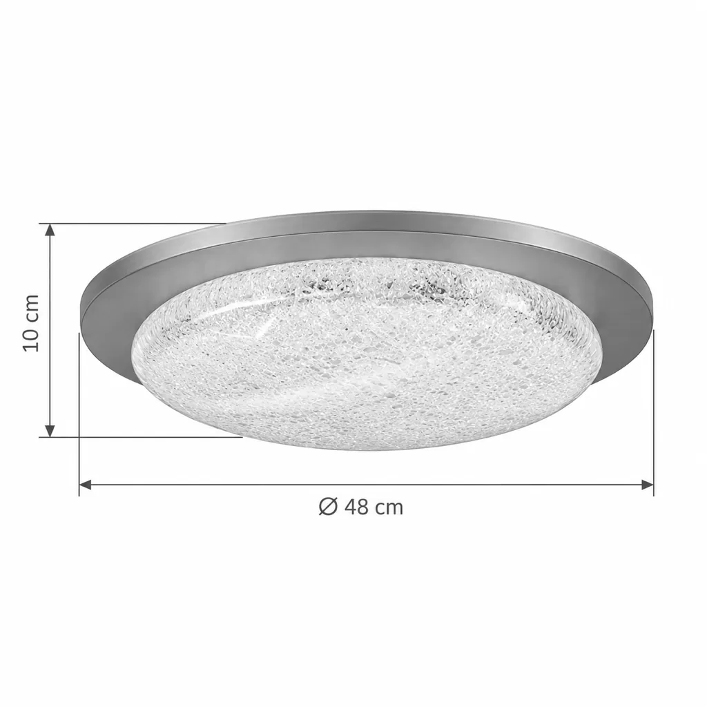 Deckenlampe NAIA, LED-Kuppel in Eis-Optik mit breitem Metallring – Masszeichnung Ø 48 cm, Höhe 10 cm