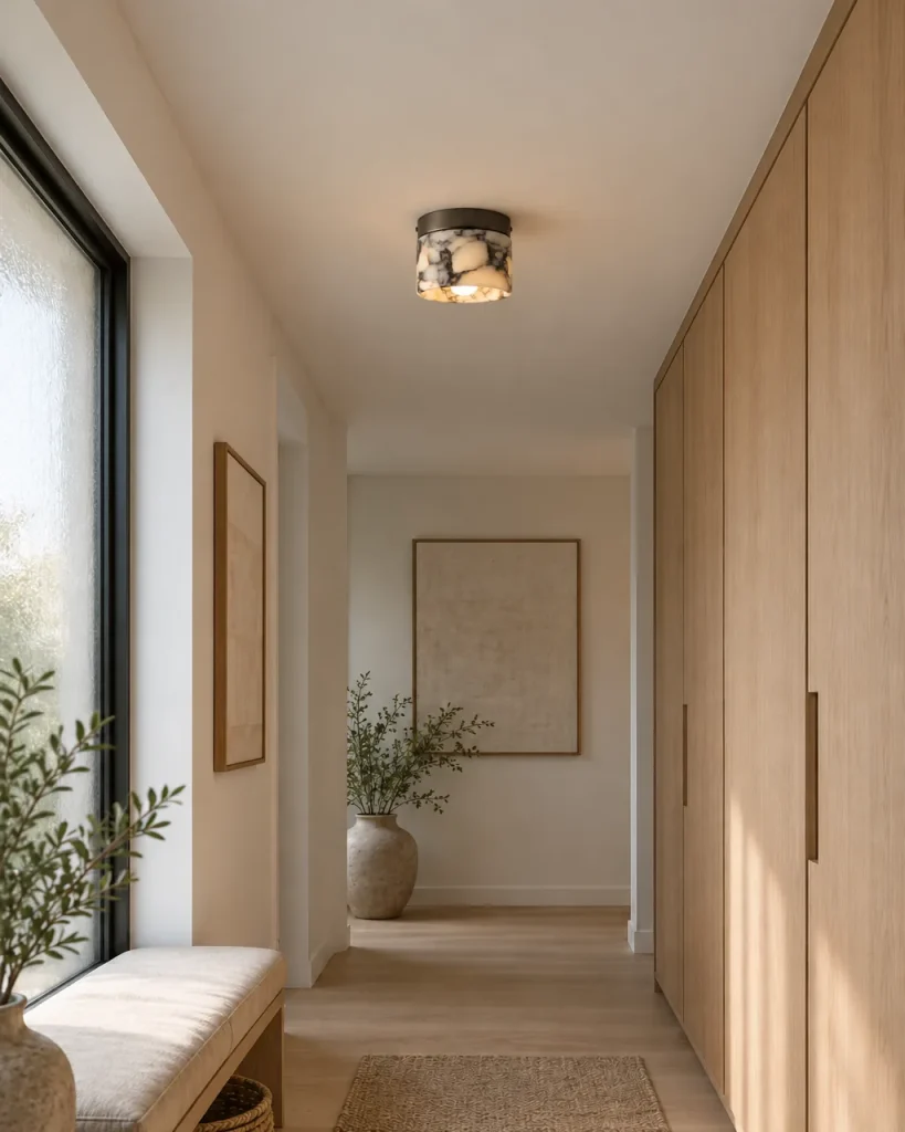 Plafoniera ANXI, cilindro in marmo con base nera, Ø 12 cm – in corridoio con armadi a muro in rovere, luce diurna