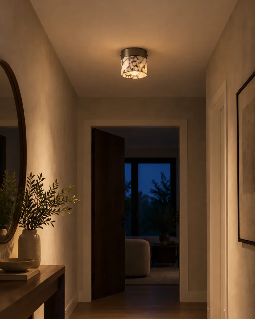 Plafoniera ANXI, cilindro in marmo con base nera, Ø 12 cm – in corridoio sopra una consolle in noce, luce serale