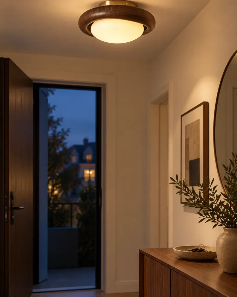 Deckenlampe ZURI, Nussbaum-Ring mit Opalglas und Gold – im Eingangsbereich über einer Konsole aus Nussbaum, Abendlicht