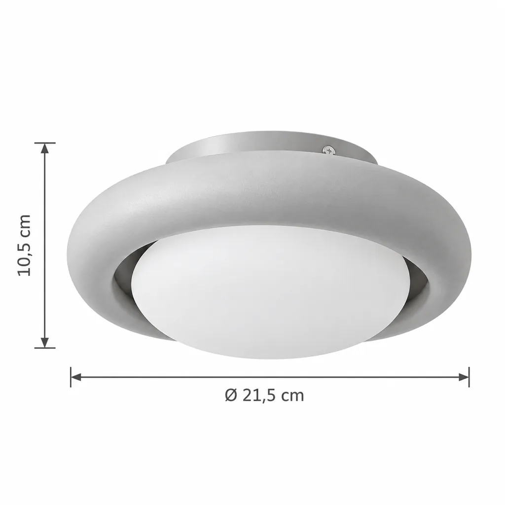 Deckenlampe ZURI, Nussbaum-Ring mit Opalglas und Gold – Masszeichnung Ø 21,5 cm, Höhe 10,5 cm
