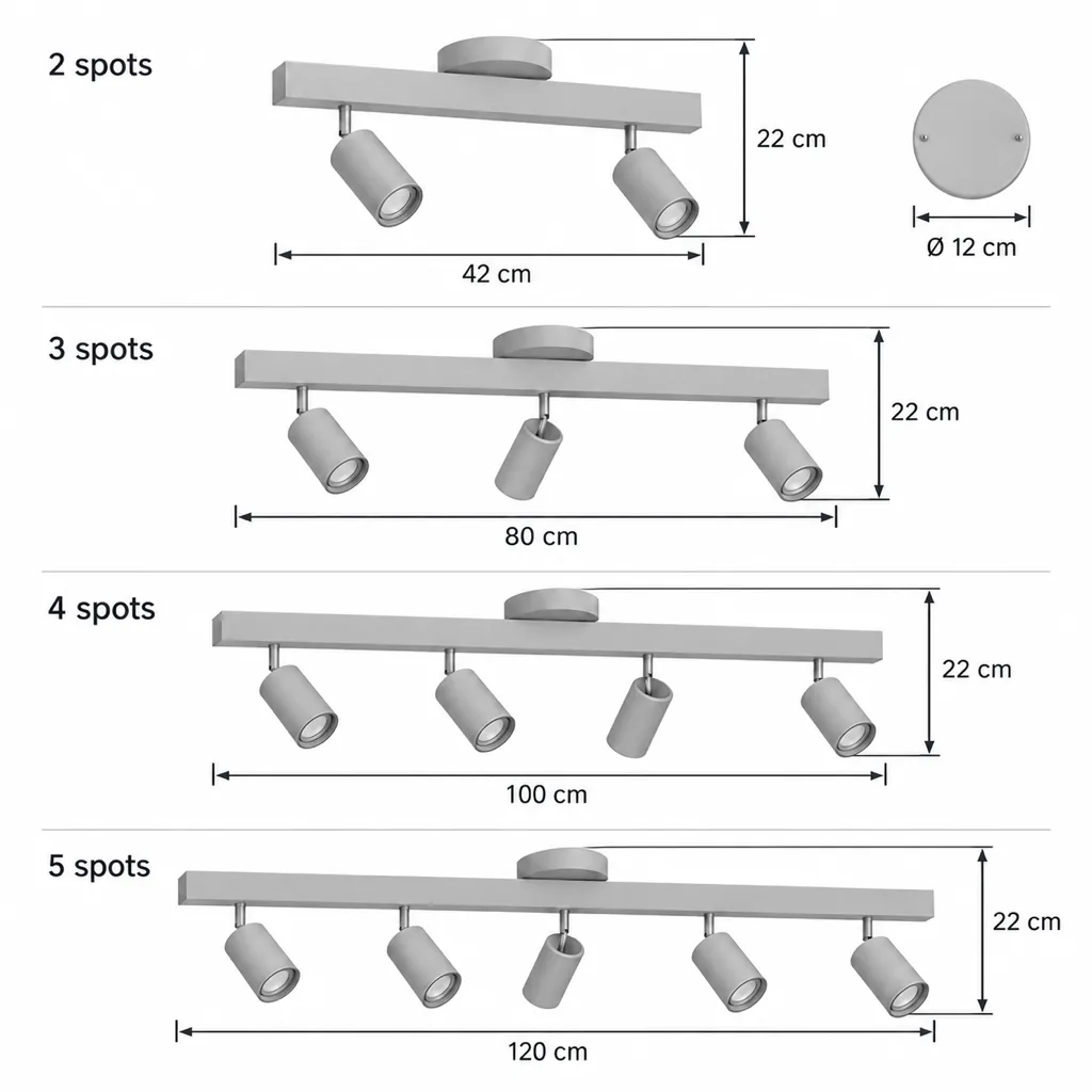 Plafoniera PORIAT, binario in legno con faretti orientabili – disegno tecnico 42, 80, 100 e 120 cm, altezza 22 cm
