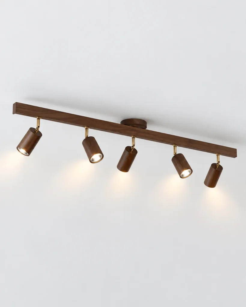 Plafoniera PORIAT, binario in legno con faretti orientabili – 5 faretti, legno scuro, foto prodotto