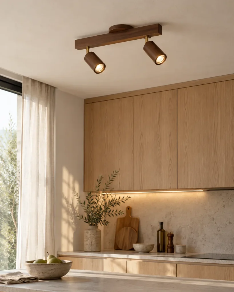 Plafoniera PORIAT, binario in legno con faretti orientabili – in cucina, luce diurna