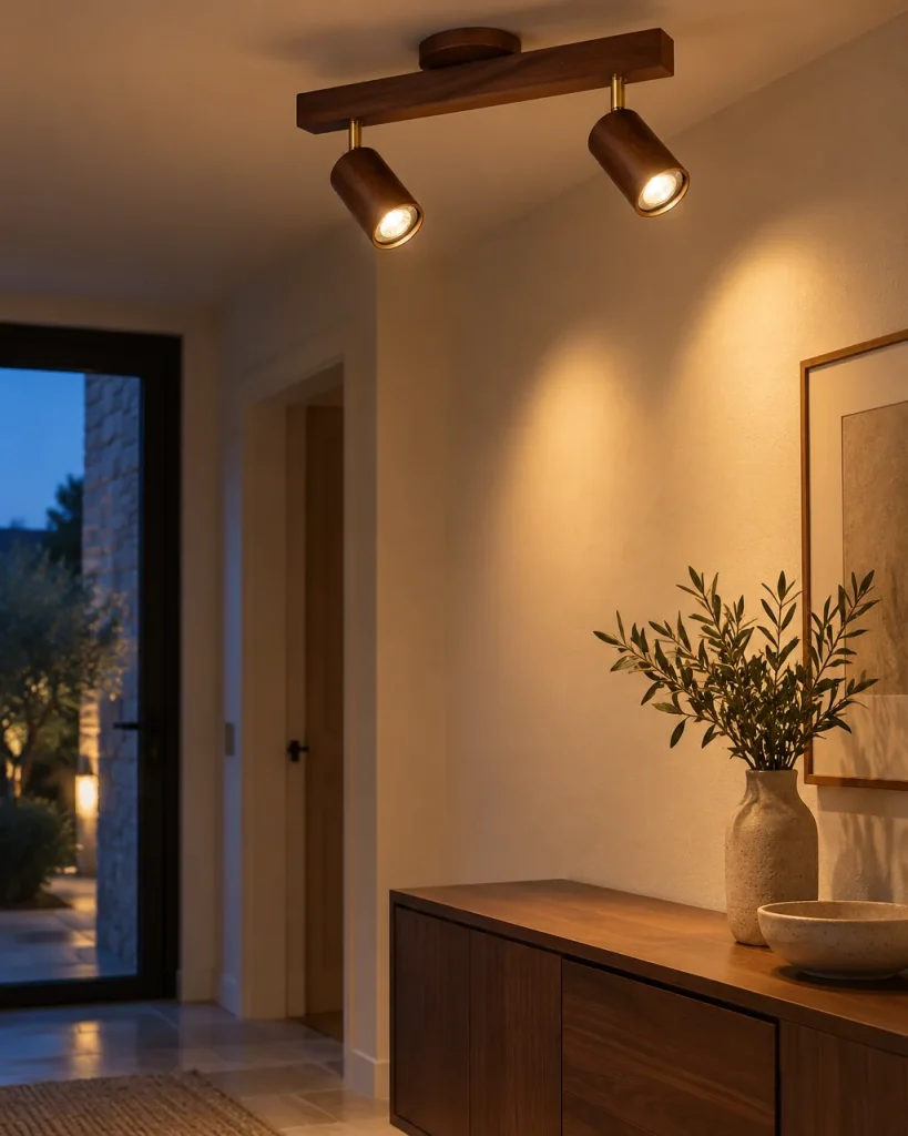 Plafoniera PORIAT, binario in legno con faretti orientabili – in corridoio sopra una consolle in legno, luce serale