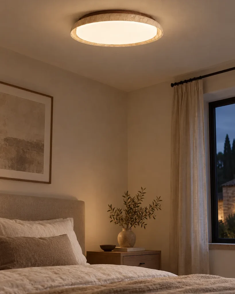 Deckenlampe NADIA, flacher LED-Kreis mit Rahmen aus Travertin – im Schlafzimmer, Abendlicht