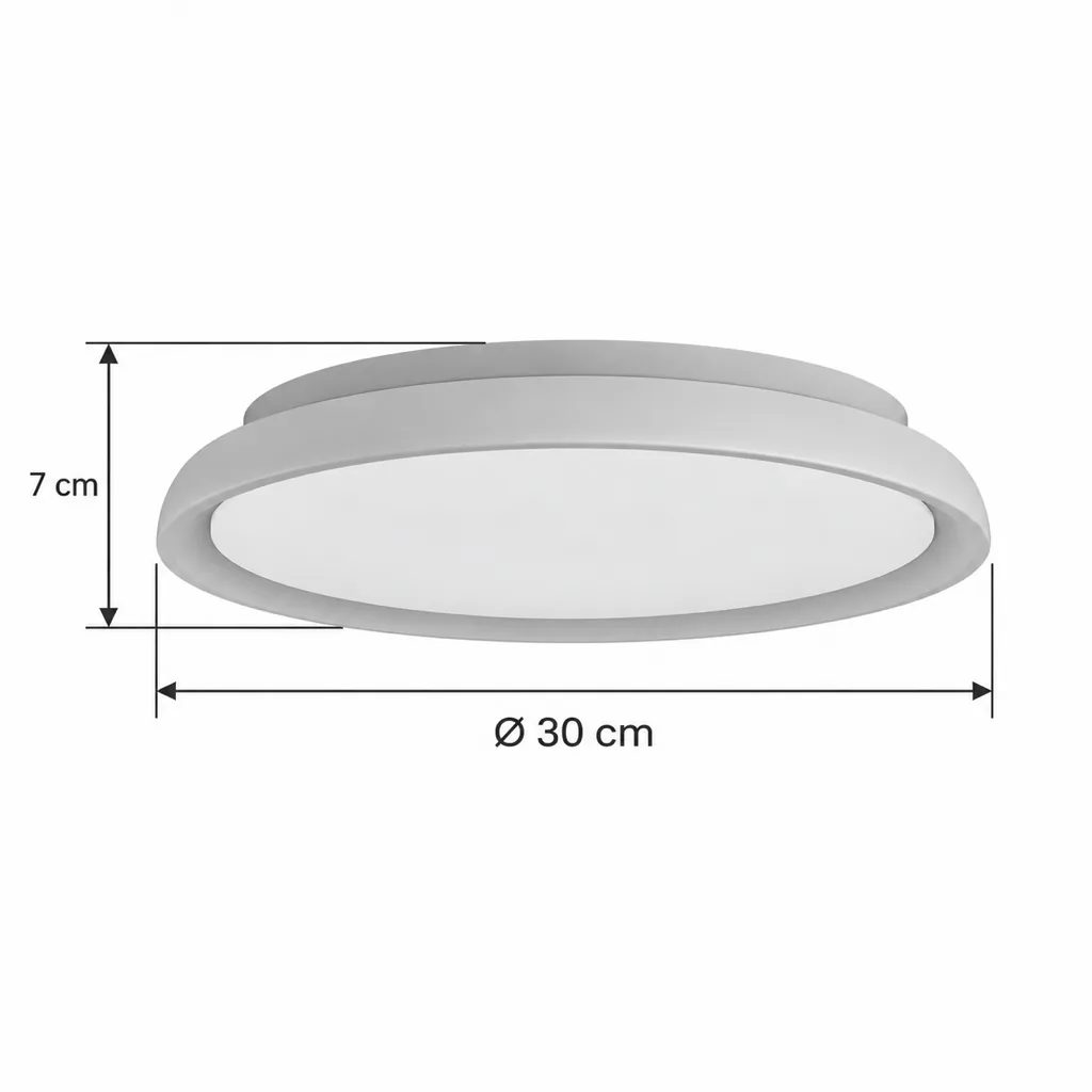 Deckenlampe NADIA, flacher LED-Kreis mit Rahmen aus Travertin – Masszeichnung Ø 30 cm, Höhe 7 cm