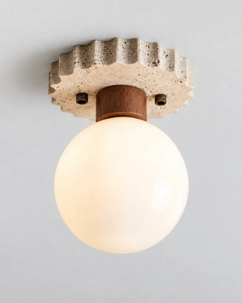 Deckenlampe JOKI, Gezackte Travertinrosette mit Opalglaskugel – Travertin, Produktfoto, eingeschaltet