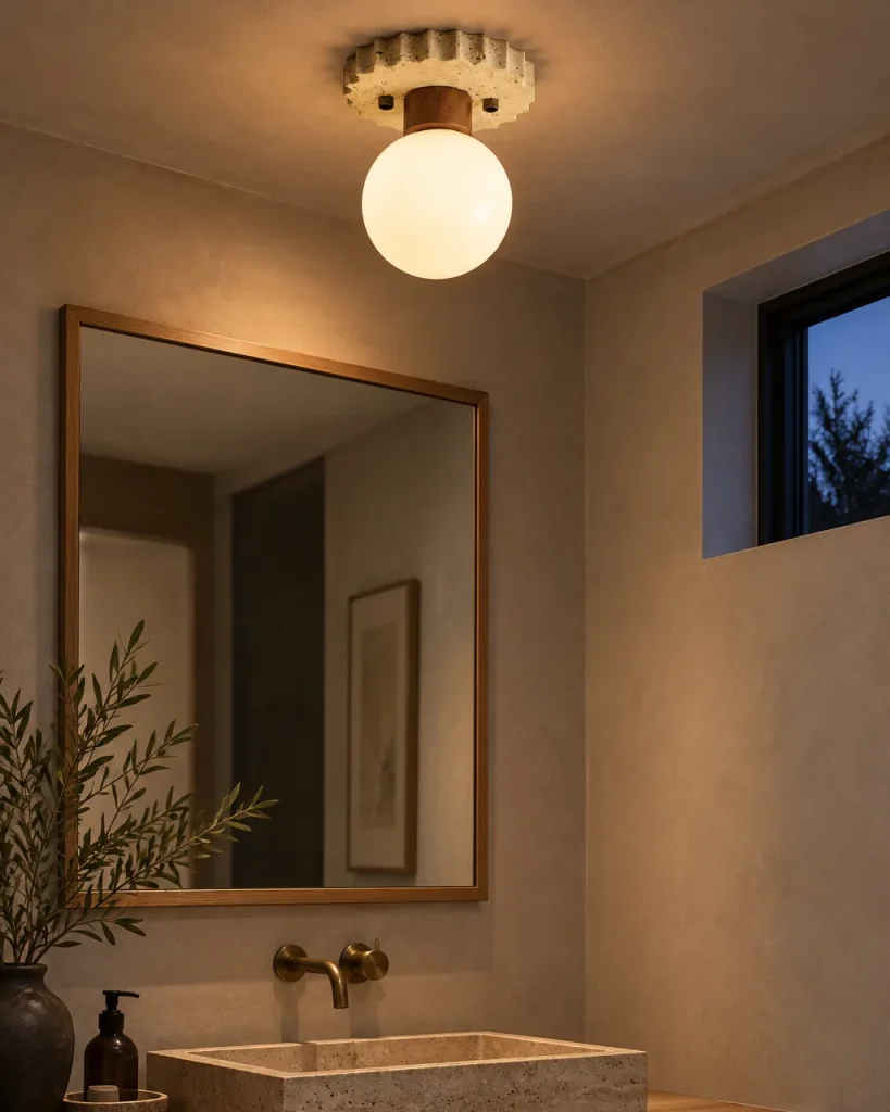 Deckenlampe JOKI, Gezackte Travertinrosette mit Opalglaskugel – an der Decke vor einem Spiegel mit Holzrahmen, Abendlicht