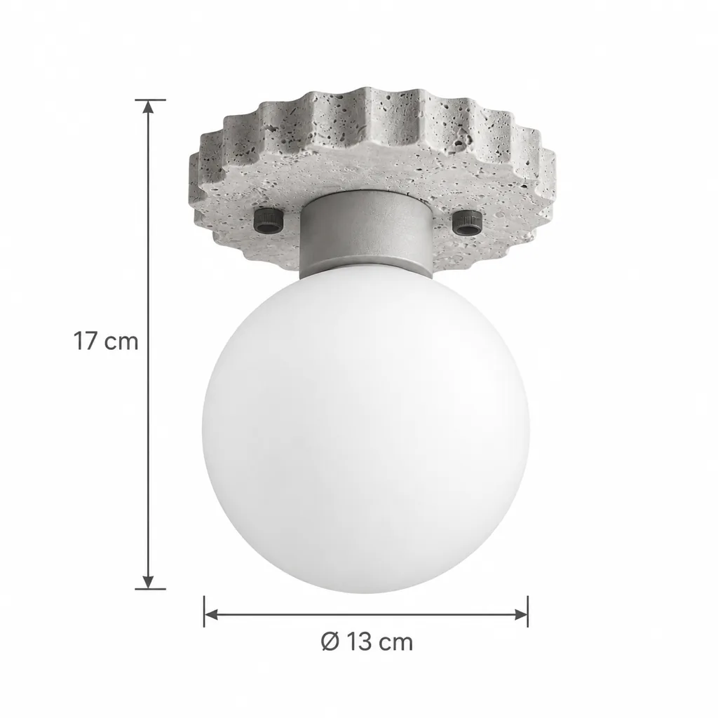 Deckenlampe JOKI, Gezackte Travertinrosette mit Opalglaskugel – Masszeichnung Höhe 17 cm, Glaskugel Ø 13 cm