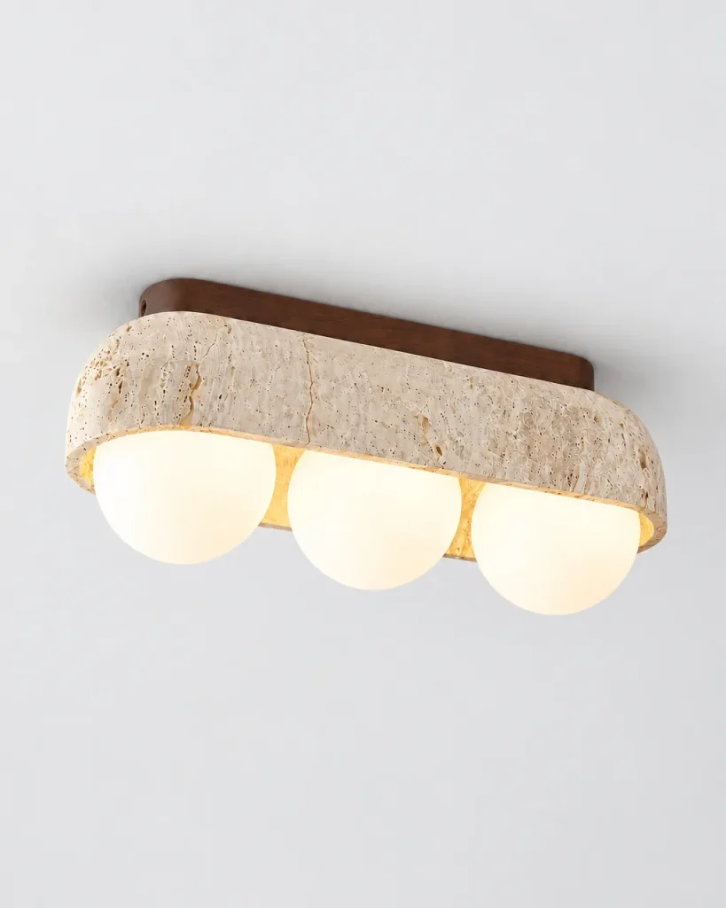 Deckenlampe SIRA, Travertinschale mit zwei oder drei Glaskugeln – Dreifach, Dunkles Holz, Produktfoto