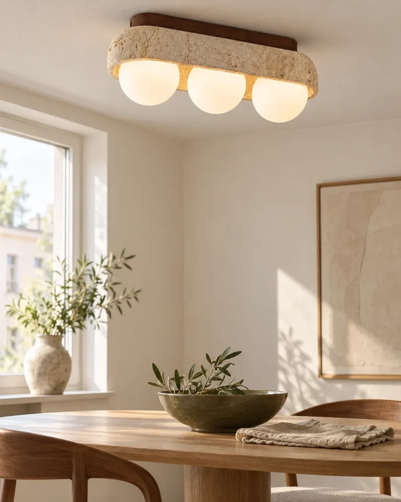Deckenlampe SIRA, Travertinschale mit zwei oder drei Glaskugeln – über dem Esstisch, Tageslicht