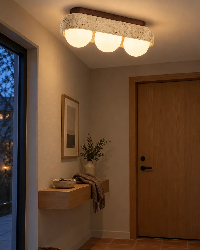 Deckenlampe SIRA, Travertinschale mit zwei oder drei Glaskugeln – im Eingangsbereich, Abendlicht