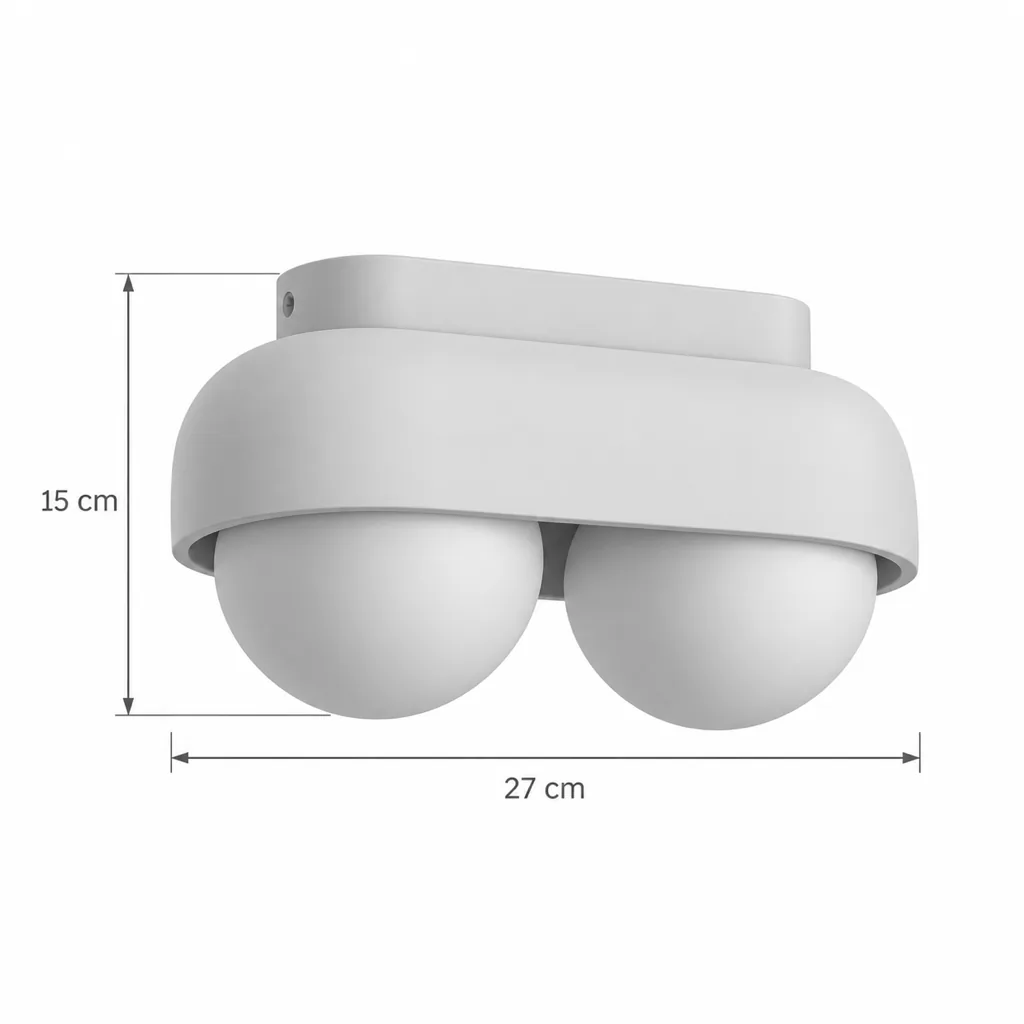Deckenlampe SIRA, Travertinschale mit zwei oder drei Glaskugeln – Masszeichnung Doppelt, Länge 27 cm, Höhe 15 cm