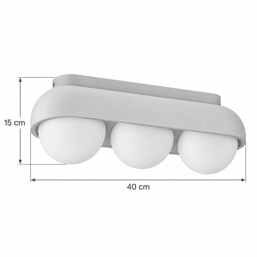 Deckenlampe SIRA, Travertinschale mit zwei oder drei Glaskugeln – Masszeichnung Dreifach, Länge 40 cm, Höhe 15 cm