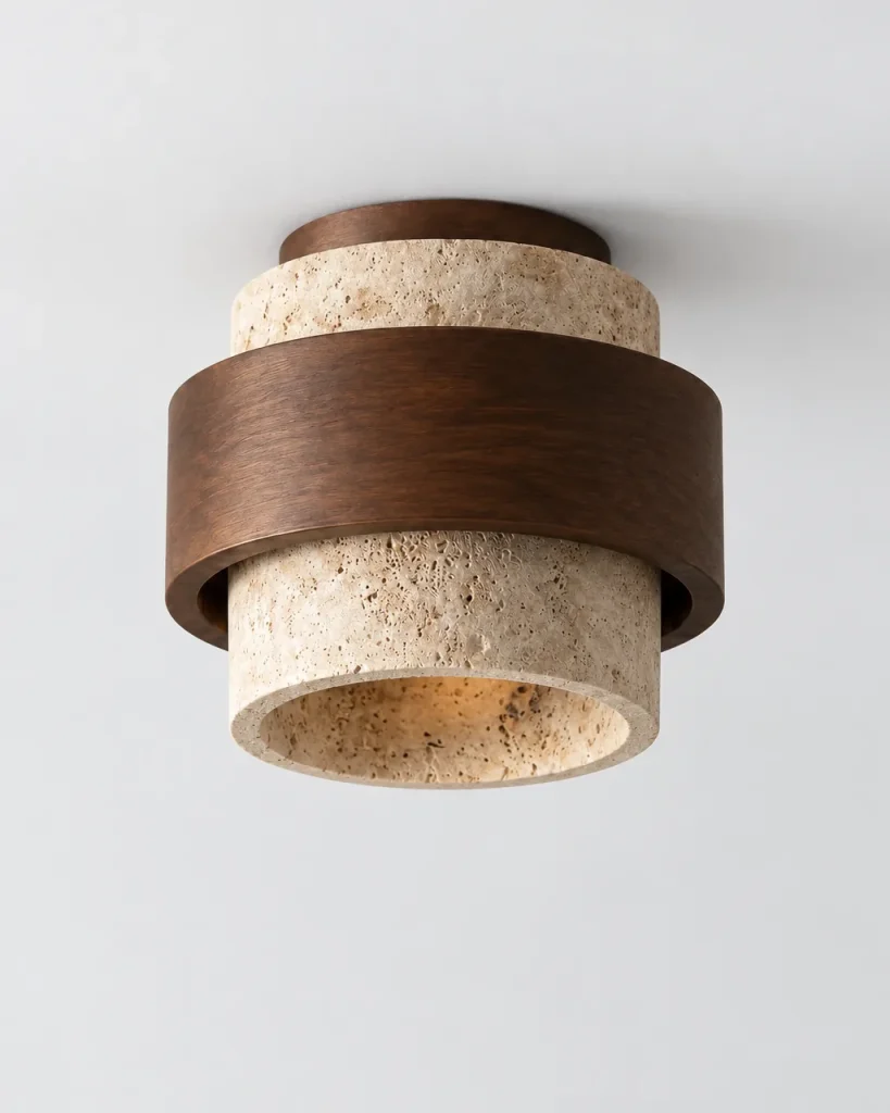 Deckenlampe LYRA, Steinzylinder mit Holzring und seitlichem Lichtspalt – Travertin, Produktfoto