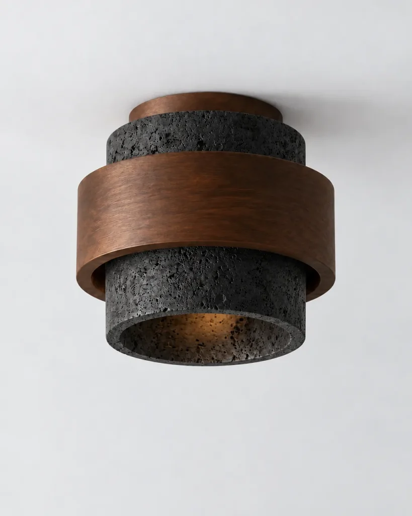 Deckenlampe LYRA, Steinzylinder mit Holzring und seitlichem Lichtspalt – Schwarz, Produktfoto