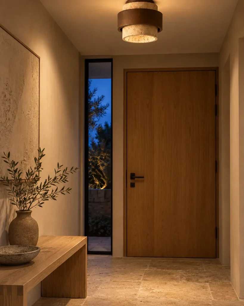 Deckenlampe LYRA, Steinzylinder mit Holzring und seitlichem Lichtspalt – im Eingangsbereich über einer Holzbank, Abendlicht