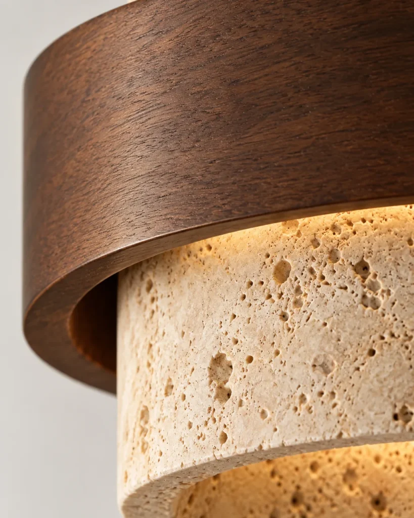 Deckenlampe LYRA, Steinzylinder mit Holzring und seitlichem Lichtspalt – Detailansicht der Travertinporen und der Holzmaserung