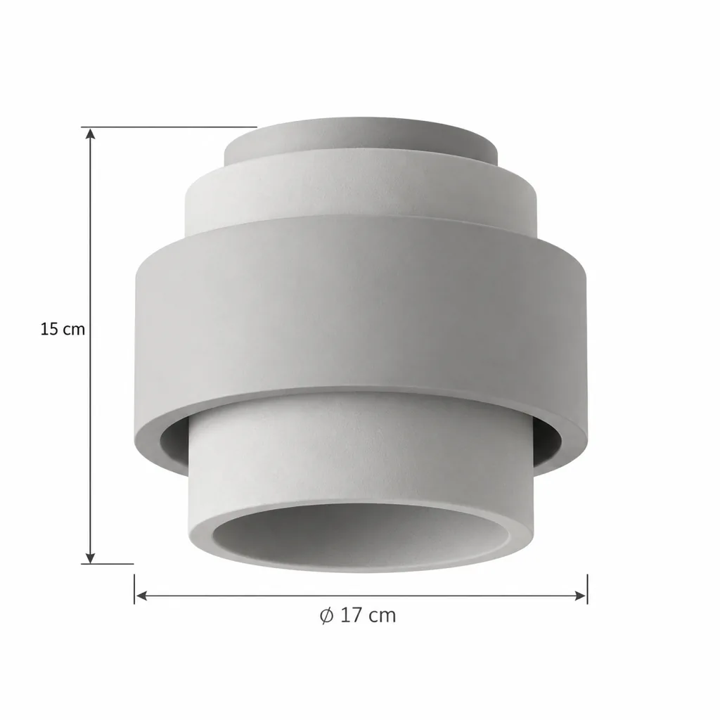 Deckenlampe LYRA, Steinzylinder mit Holzring und seitlichem Lichtspalt – Masszeichnung Ø 17 cm, Höhe 15 cm