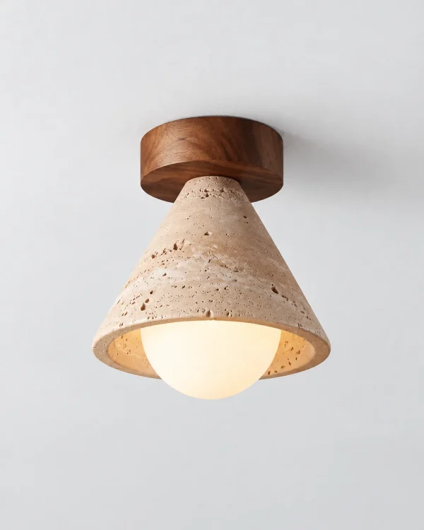 Deckenlampe: Travertin-Kegel mit Opalglaskugel und Nussbaumbaldachin – JUNO
